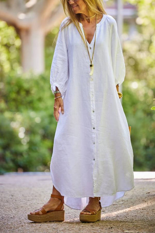 LB | Lniana sukienka casual z balonowym rękawem i dekoltem w serek Maxi Dress