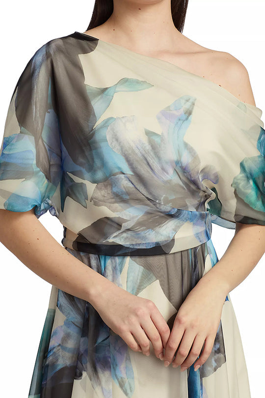 LB | Unikalna sukienka maxi z krótkim rękawem na jedno ramię z nadrukiem w stylu boho