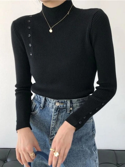LB | MW - Elegancki sweter z ozdobnymi guzikami i stójką