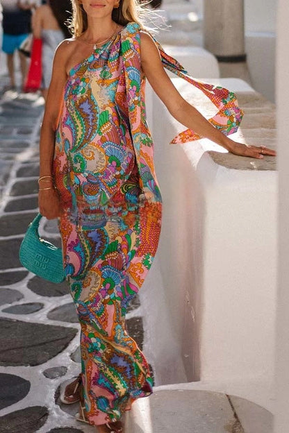 LB | Rainbow Breeze Satin Unique Print Bow One Shoulder Loose Maxi Dress