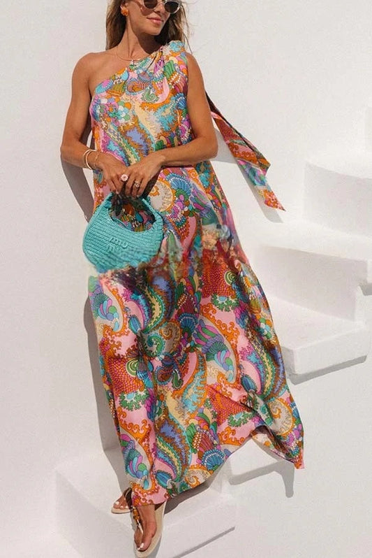 LB | Rainbow Breeze Satin Unique Print Bow One Shoulder Loose Maxi Dress
