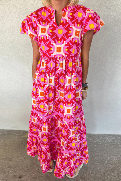 LB | Strawberry Pink Abstrakcyjny nadruk plisowana sukienka maxi z falbanami na rękawach