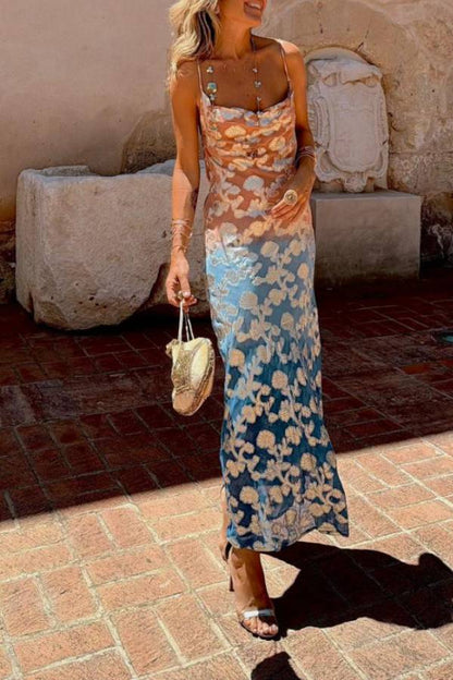 LB | Tie Dye Ombre Gold Floral Print Sexy Strappy Maxi Dress