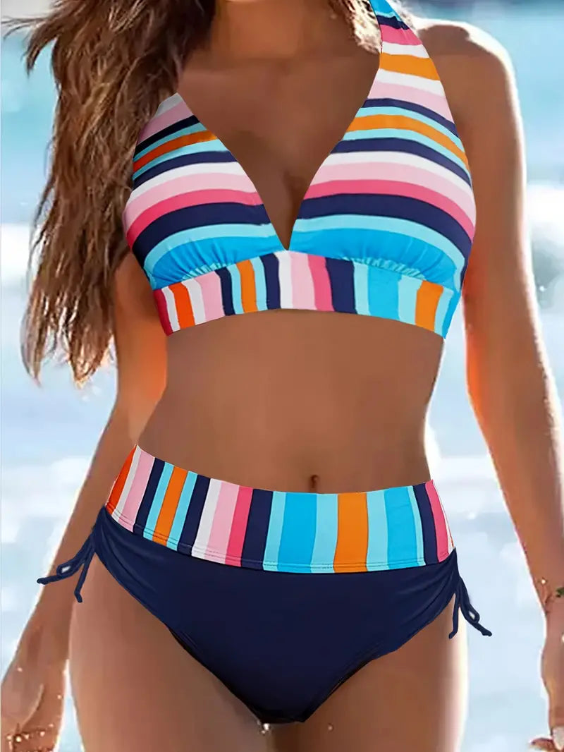 LB | Bikini typu halter ze sznurkiem w kolorowe paski