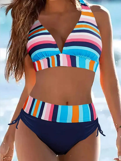 LB | Bikini typu halter ze sznurkiem w kolorowe paski