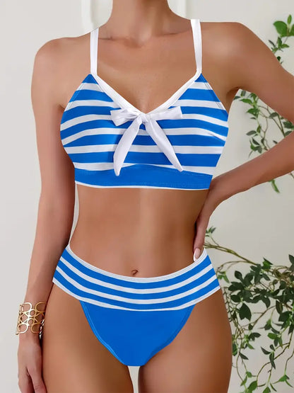 LB | Seksowne bikini w paski z kokardką w dekolcie V