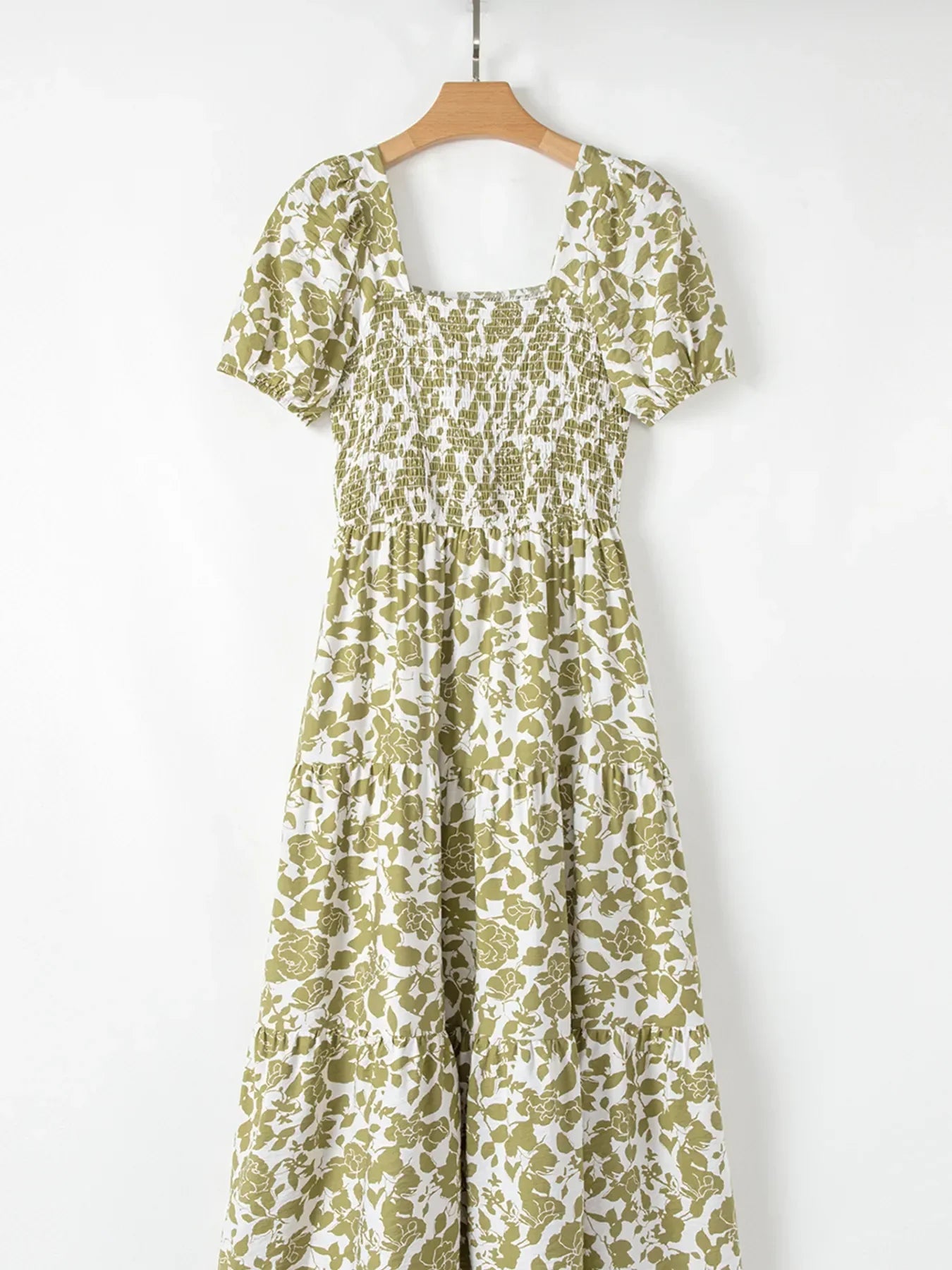 AS | Boho květinové čtvercové výstřih Smocked Bust Puff Sleeve Tiered šaty