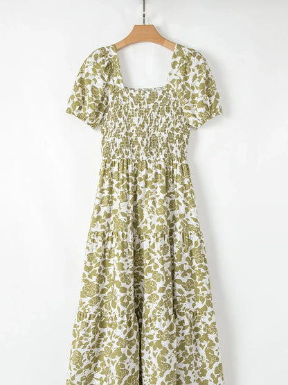 AS | Boho květinové čtvercové výstřih Smocked Bust Puff Sleeve Tiered šaty
