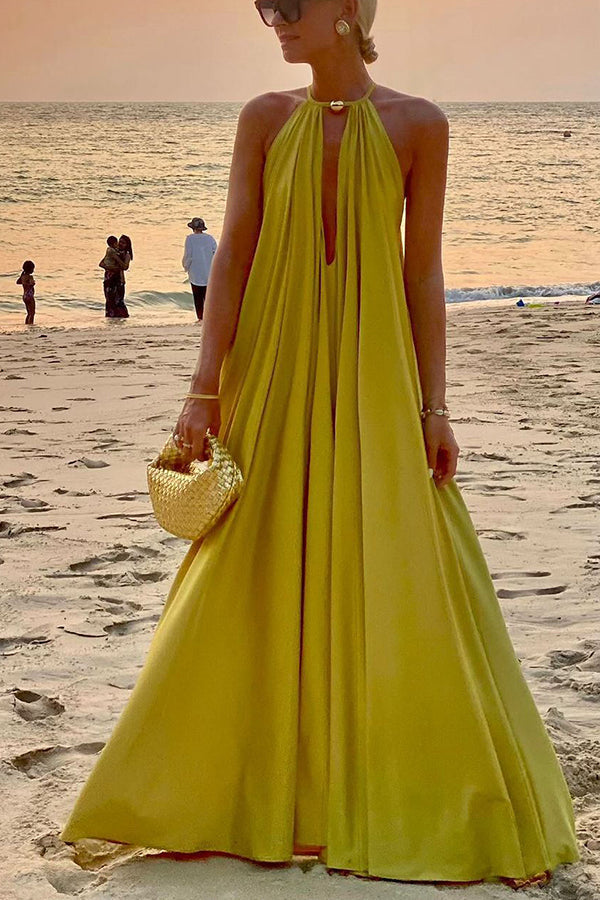 LB | Greek Goddess Unmistakable Golden Halter Neck A-line Maxi Dress