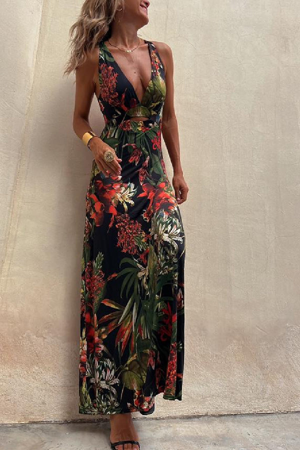 LB | RAINFOREST PARADISE TROPICAL PRINT DEKOLT W SZPIC Z TYŁU ELASTYCZNA SUKIENKA MAXI