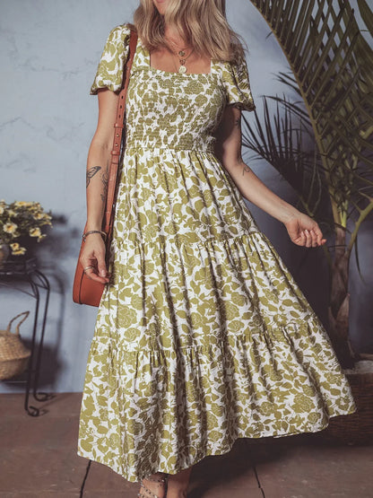 AS | Boho květinové čtvercové výstřih Smocked Bust Puff Sleeve Tiered šaty