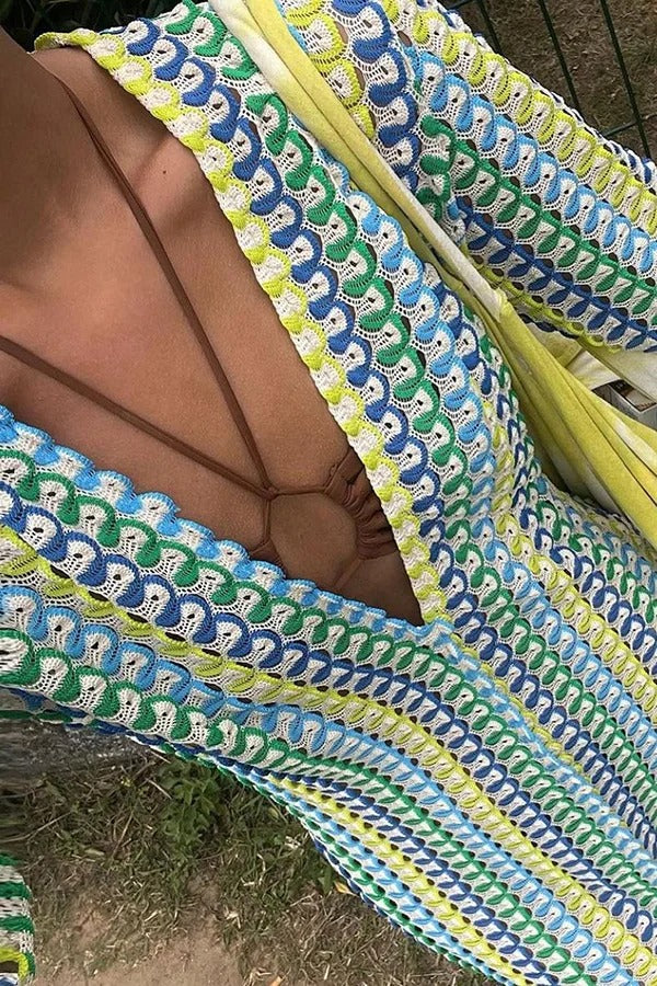 LB | Bondi Beach dzianinowa kolorowa sukienka maxi z długim rękawem z nadrukiem fali
