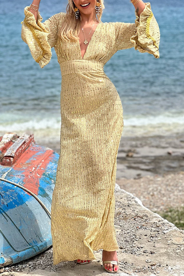 LB | Mesmerising Sight Sequin Fabric Bell Sleeve Backless Maxi Dress