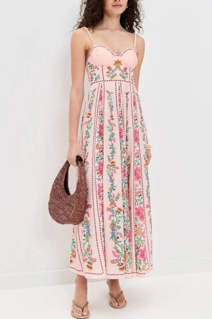 LB | Delicate Forest Unique Print Sweetheart Neck Beaded Straps Maxi Dress