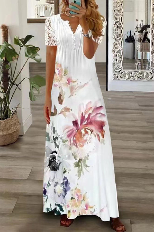 LB | Boho Floral V Neck Button Lace Sleeve Holiday Beach Maxi Dress