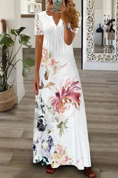 LB | Boho Floral V Neck Button Lace Sleeve Holiday Beach Maxi Dress