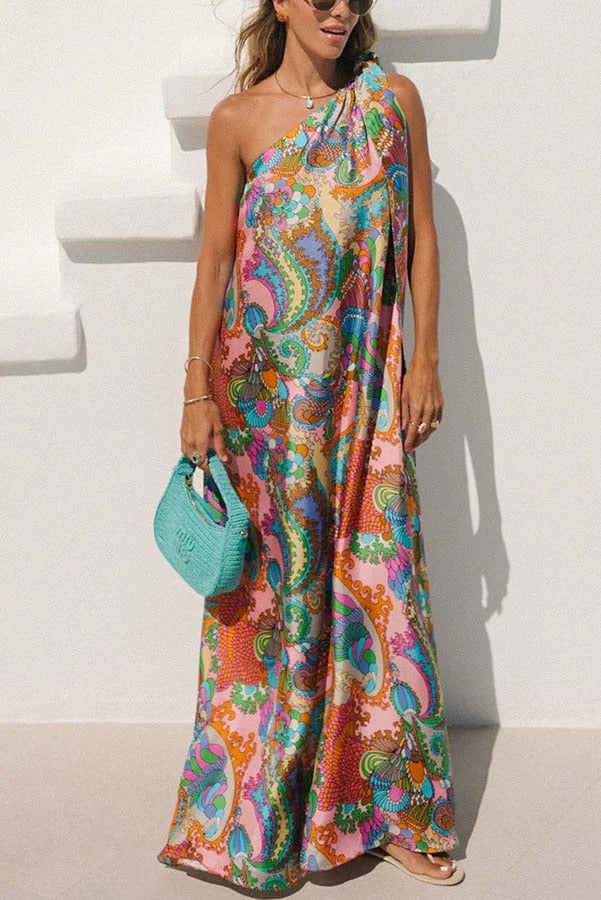 LB | Rainbow Breeze Satin Unique Print Bow One Shoulder Loose Maxi Dress