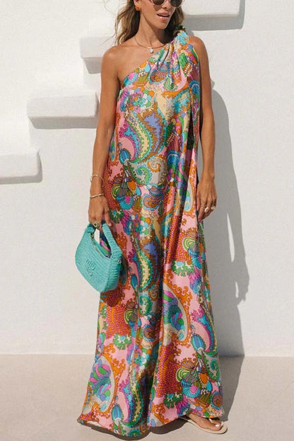 LB | Rainbow Breeze Satin Unique Print Bow One Shoulder Loose Maxi Dress