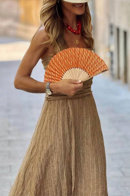 LB | Retro Unique Stripe Print Ruffled Slit Linen Maxi Dress