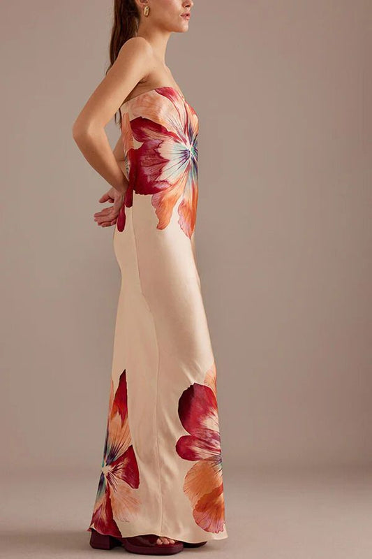 LB | Charming Lady Satin Floral Print Bandeau Luźna sukienka maxi