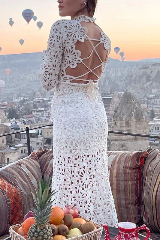 LB | Forever Sunsets Crochet Back Lace-up Coverup Maxi Dress