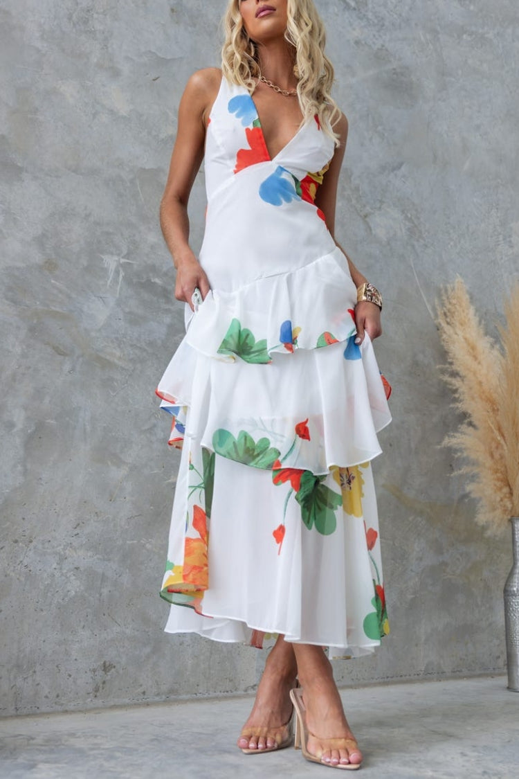 LB | ODŚWIEŻAJĄCA SUKIENKA MAXI W KWIATOWY PRINT, SZNUROWANA Z TYŁU, Z FALBANĄ U DOŁU