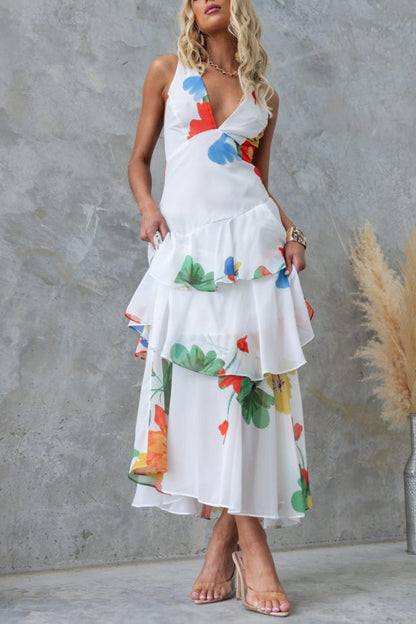 LB | ODŚWIEŻAJĄCA SUKIENKA MAXI W KWIATOWY PRINT, SZNUROWANA Z TYŁU, Z FALBANĄ U DOŁU