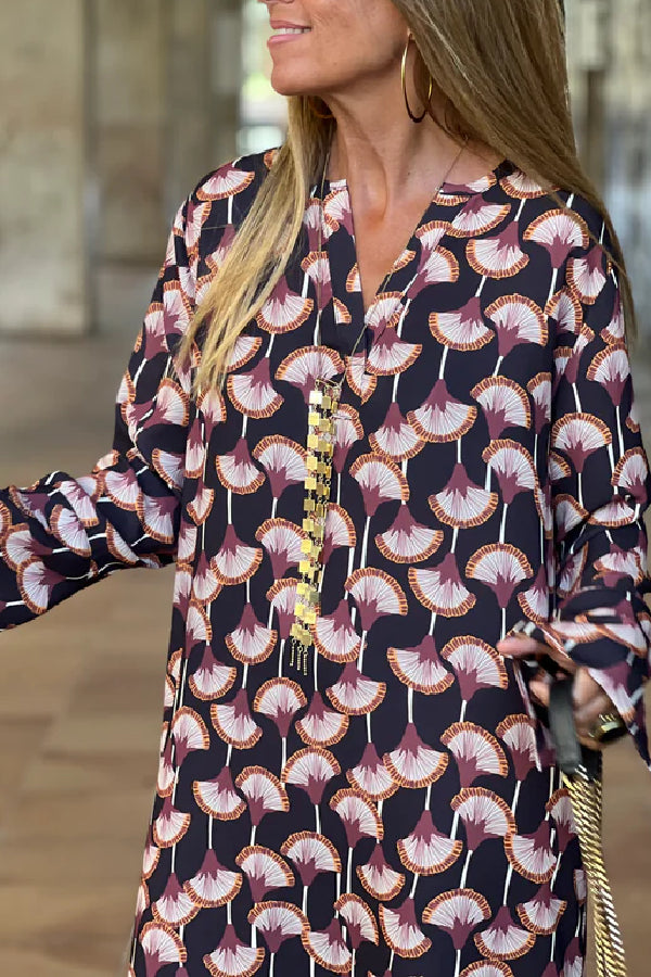 LB | Modna damska sukienka maxi z długim rękawem i nadrukiem V-Neck