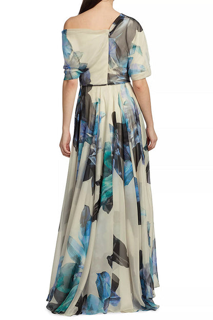 LB | Unikalna sukienka maxi z krótkim rękawem na jedno ramię z nadrukiem w stylu boho