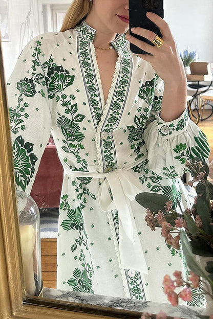 LB | Unique Print Button Down Long Sleeve Shirt Maxi Dress