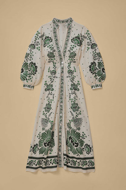 LB | Unique Print Button Down Long Sleeve Shirt Maxi Dress