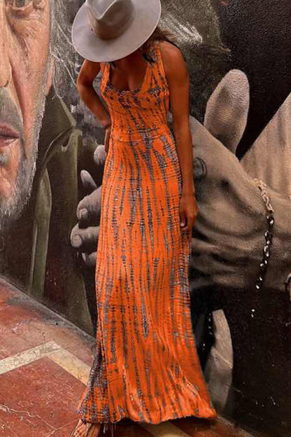 LB | Modern Day Tie-dye Print Back Lace-up Stretch Maxi Dress