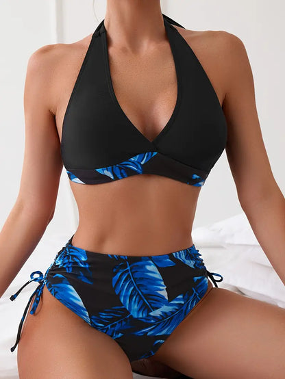 LB | Stylowe bikini halter z nadrukiem tropikalnych liści