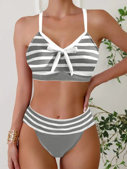 LB | Seksowne bikini w paski z kokardką w dekolcie V