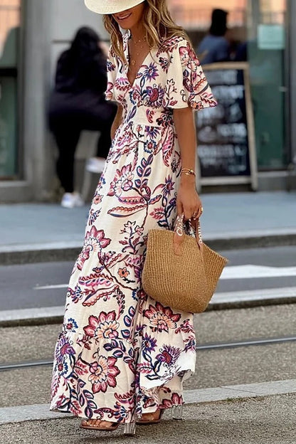 LB | Unique Print V-Neck Waist Holiday Maxi Dress