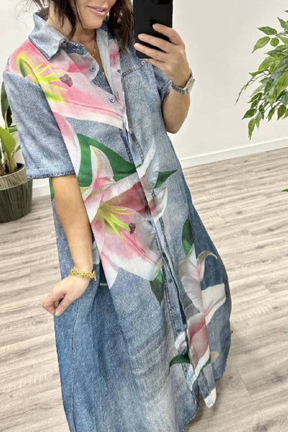 LB | Faux Denim Fabric Orchid Print Pocketed Shirt Maxi Dress