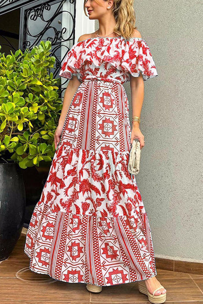 LB | Irene Bohemian Print Off The Shoulder Belted Ruffle Maxi Dress