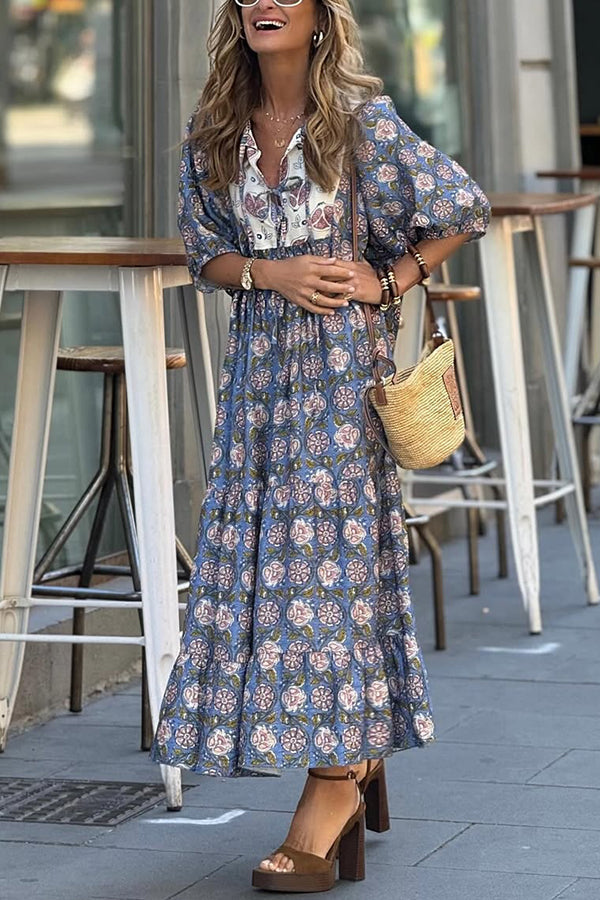 LB | Bohemian Unique Print Puff Sleeve Lace-up Luźna wakacyjna sukienka maxi