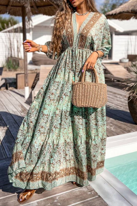 LB | Green Boho Floral Print Backless Maxi Dress z wysokim stanem i sznurkiem do ściągania