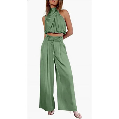 AS | Crop top z dekoltem typu halterneck i szerokimi nogawkami