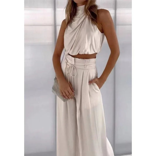 AS | Crop top z dekoltem typu halterneck i szerokimi nogawkami