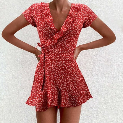 LB | Sukienka damska Boho Kwiatowa falbana Krótka mini sukienka