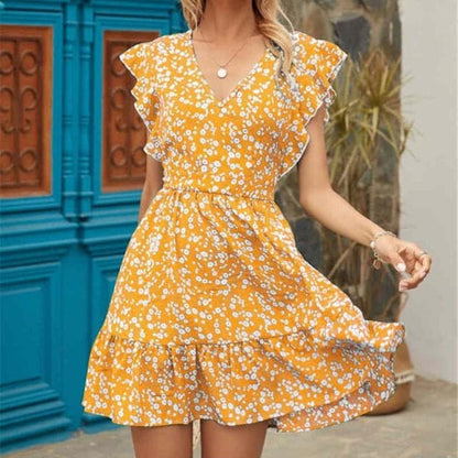 LB | Sukienka damska Boho Kwiatowa falbana Krótka mini sukienka