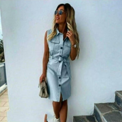 LB | kobiety vintage przedni guzik szarfa płaszcz sukienka imprezowa bez rękawów obrócić kołnierz casual mini sukienka letnia moda nowa sukienka
