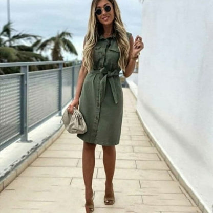 LB | kobiety vintage przedni guzik szarfa płaszcz sukienka imprezowa bez rękawów obrócić kołnierz casual mini sukienka letnia moda nowa sukienka