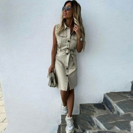 LB | kobiety vintage przedni guzik szarfa płaszcz sukienka imprezowa bez rękawów obrócić kołnierz casual mini sukienka letnia moda nowa sukienka