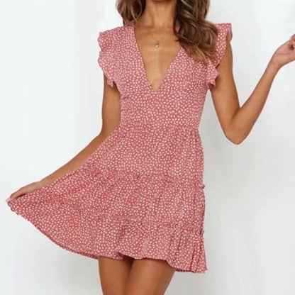 LB | Sukienka damska Boho Kwiatowa falbana Krótka mini sukienka