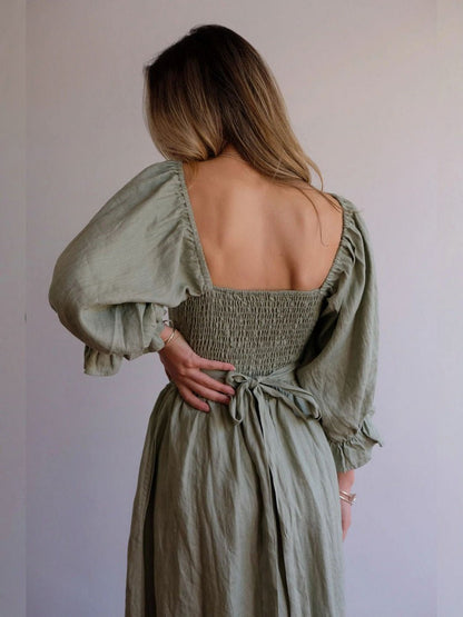 LB | Elegancka dwustronna sukienka maxi z bufiastym rękawem