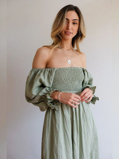 LB | Elegancka dwustronna sukienka maxi z bufiastym rękawem